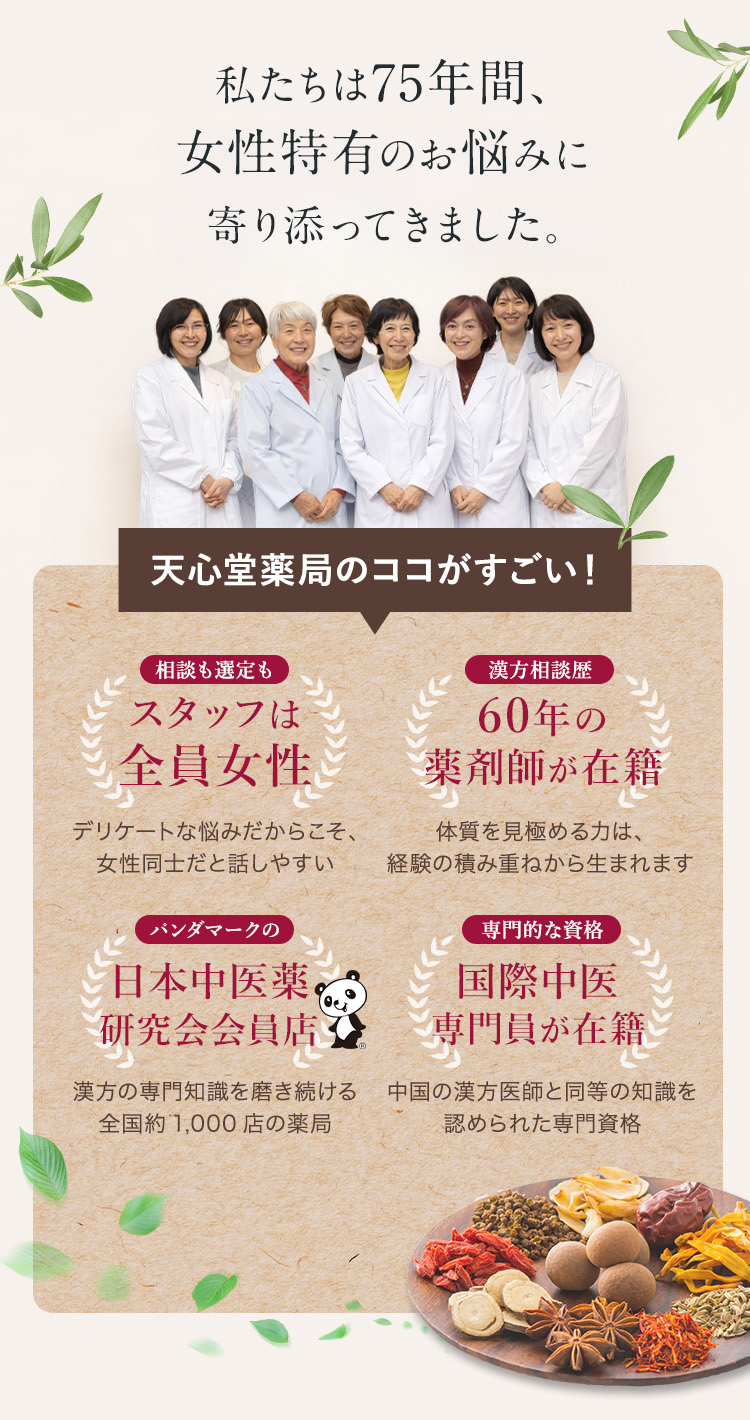 天心堂薬局の強み：スタッフ全員女性、漢方相談歴60年の薬剤師在籍、日本中医薬研究会会員店、国際中医専門員在籍