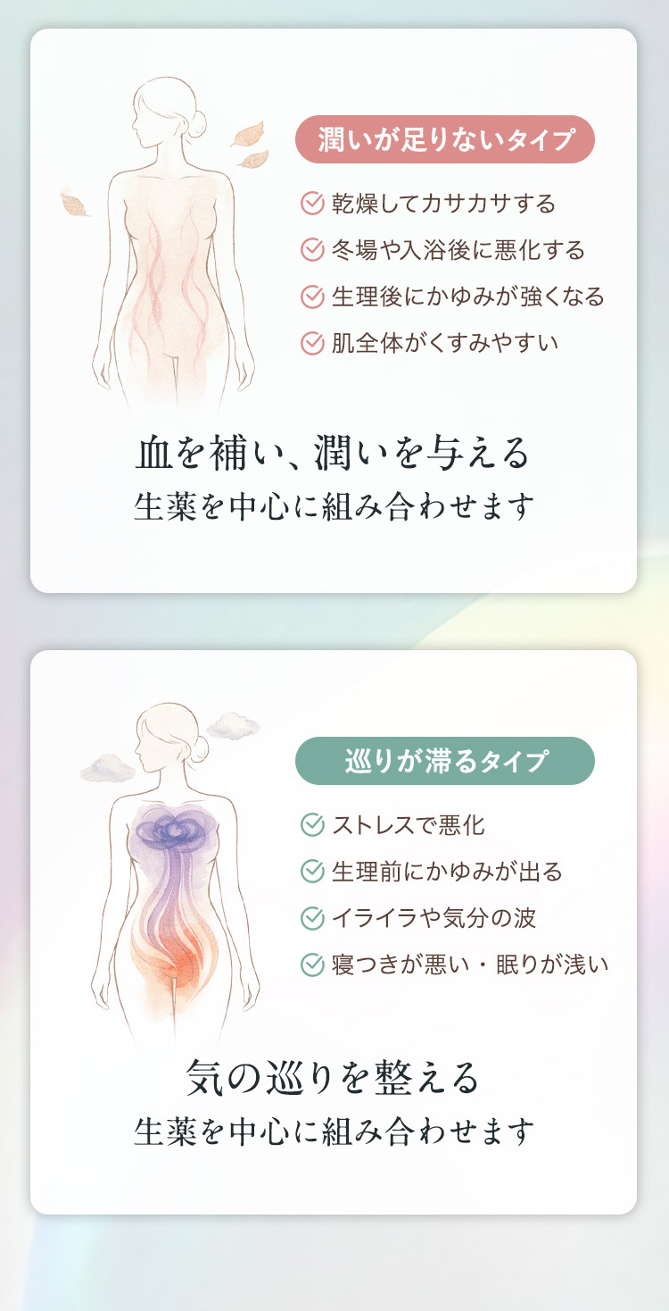 湿熱タイプ・血虚タイプ・肝鬱気滞タイプ