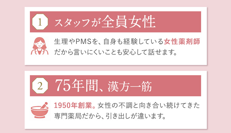 1_スタッフが全員女性,2_75年間漢方一筋